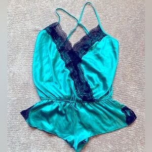 Victoria’s Secret Romper Sleep Sexy Pajamas Teal and Lace Spaghetti Straps Small